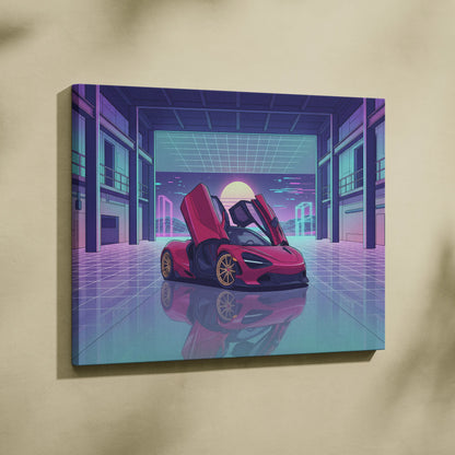 McLaren 720S Inspired Red Purple Canvas Wall Art Vaporwave Supercar Artwork Neon Garage Decor Retro Futuristic Luxury Car Print