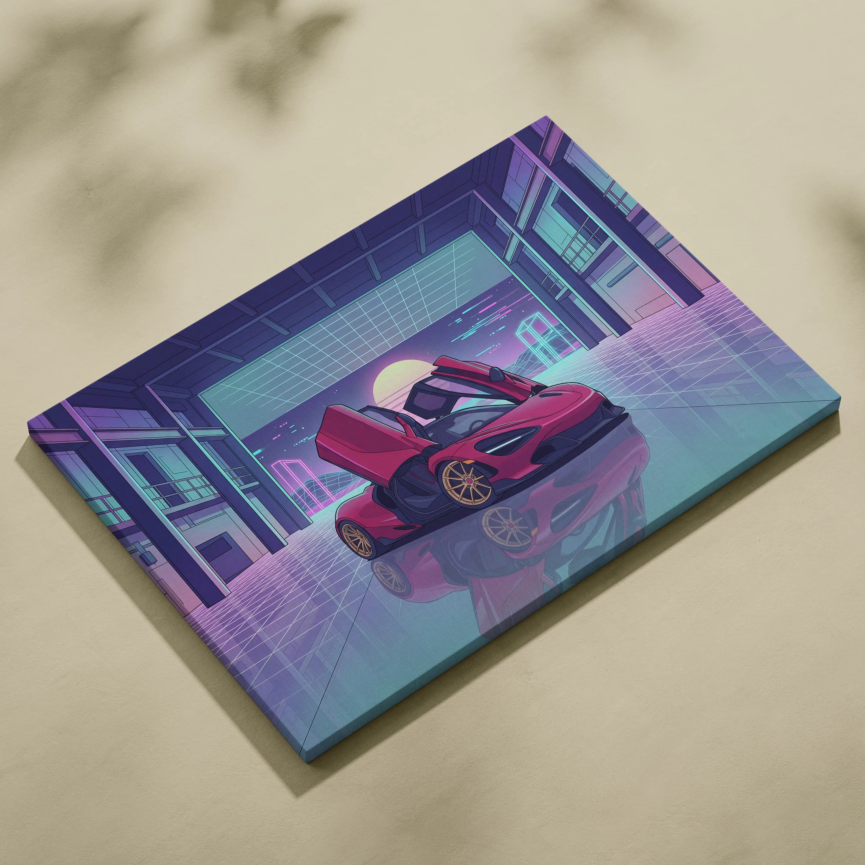 McLaren 720S Inspired Red Purple Canvas Wall Art Vaporwave Supercar Artwork Neon Garage Decor Retro Futuristic Luxury Car Print