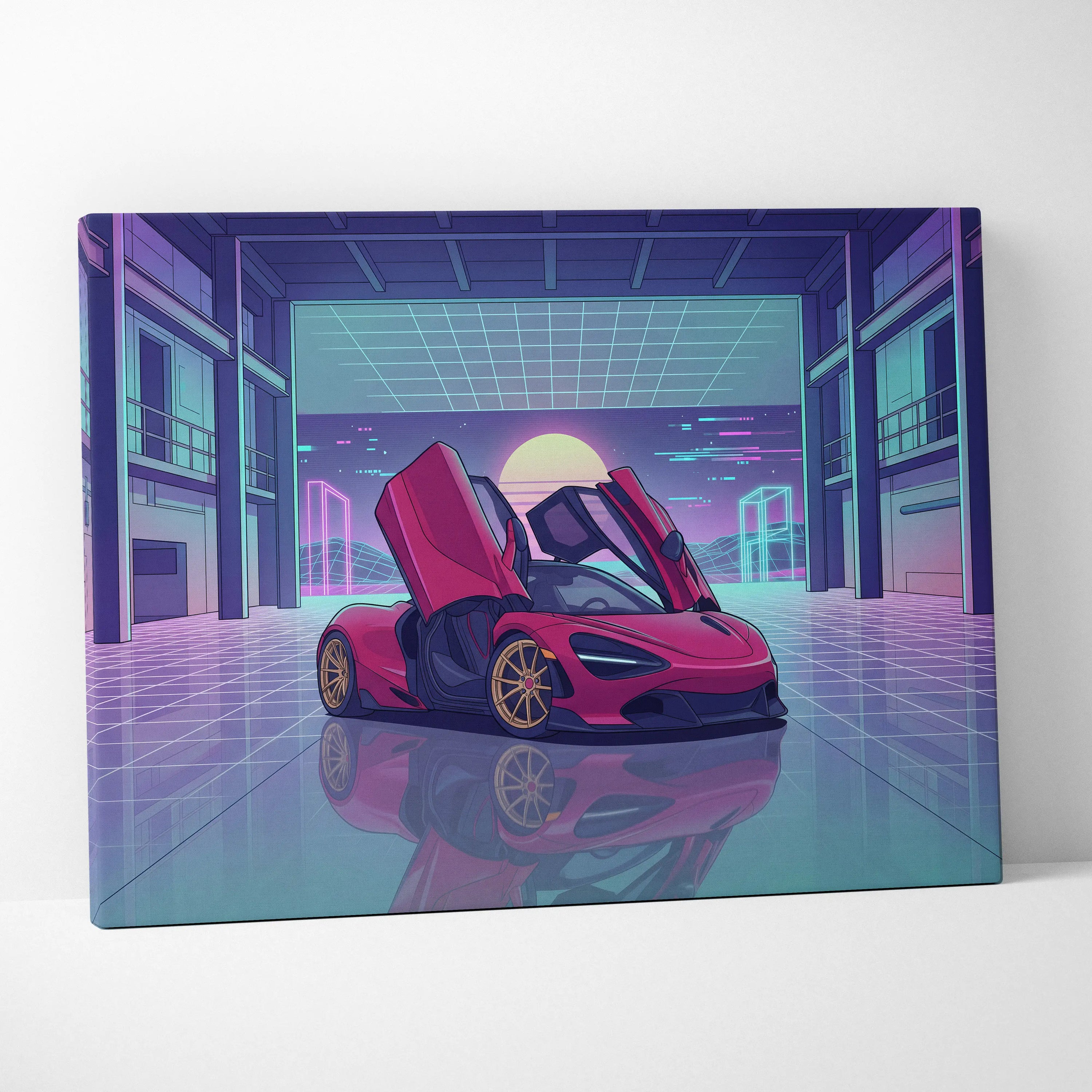 McLaren 720S Inspired Red Purple Canvas Wall Art Vaporwave Supercar Artwork Neon Garage Decor Retro Futuristic Luxury Car Print