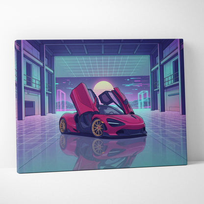 McLaren 720S Inspired Red Purple Canvas Wall Art Vaporwave Supercar Artwork Neon Garage Decor Retro Futuristic Luxury Car Print