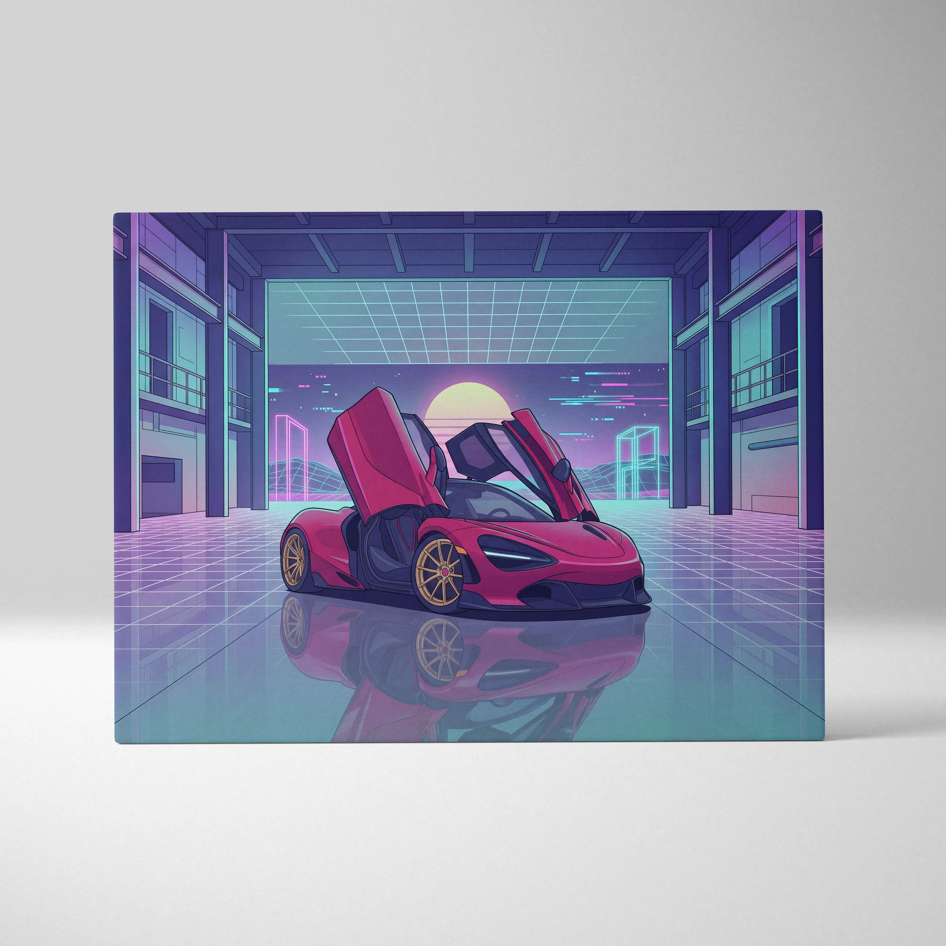 McLaren 720S Inspired Red Purple Canvas Wall Art Vaporwave Supercar Artwork Neon Garage Decor Retro Futuristic Luxury Car Print