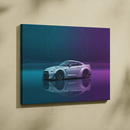Nissan GT-R R35 Inspired White Purple Canvas Wall Art Vaporwave Neon Grid JDM Car Artwork, Cyberpunk Garage Decor