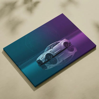 Nissan GT-R R35 Inspired White Purple Canvas Wall Art Vaporwave Neon Grid JDM Car Artwork, Cyberpunk Garage Decor