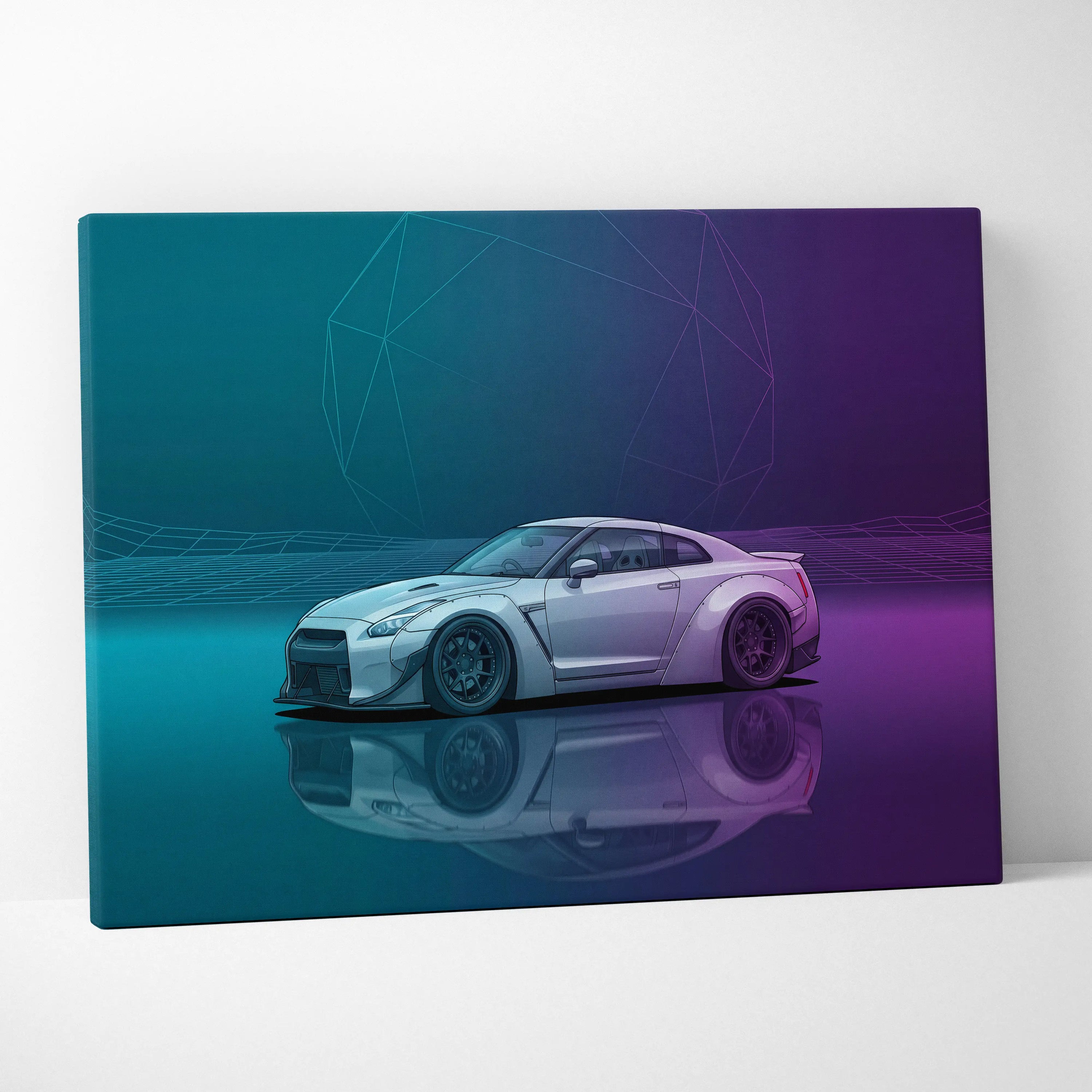 Nissan GT-R R35 Inspired White Purple Canvas Wall Art Vaporwave Neon Grid JDM Car Artwork, Cyberpunk Garage Decor
