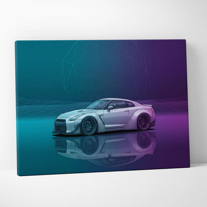 Nissan GT-R R35 Inspired White Purple Canvas Wall Art Vaporwave Neon Grid JDM Car Artwork, Cyberpunk Garage Decor