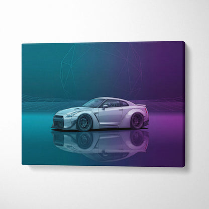 Nissan GT-R R35 Inspired White Purple Canvas Wall Art Vaporwave Neon Grid JDM Car Artwork, Cyberpunk Garage Decor