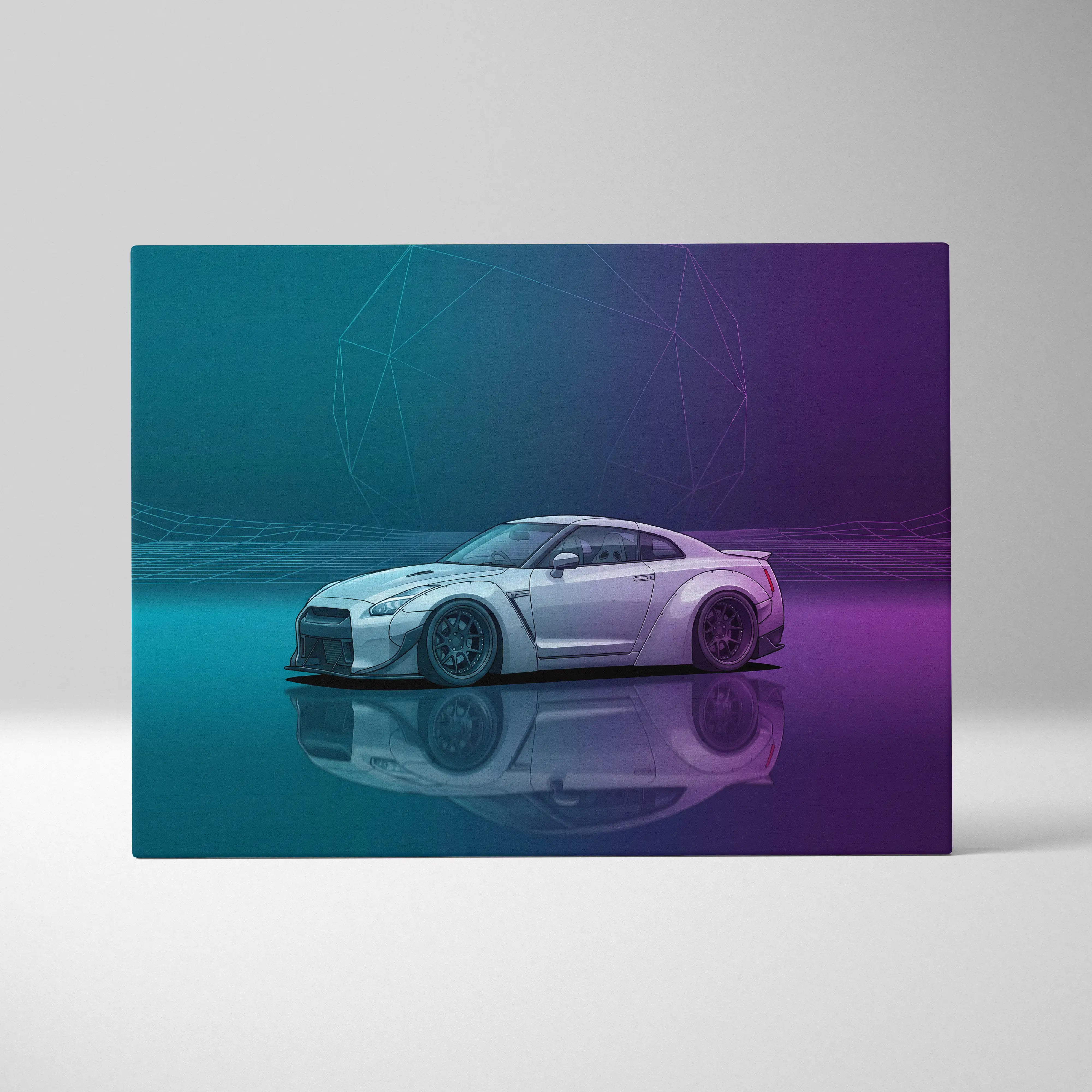 Nissan GT-R R35 Inspired White Purple Canvas Wall Art Vaporwave Neon Grid JDM Car Artwork, Cyberpunk Garage Decor