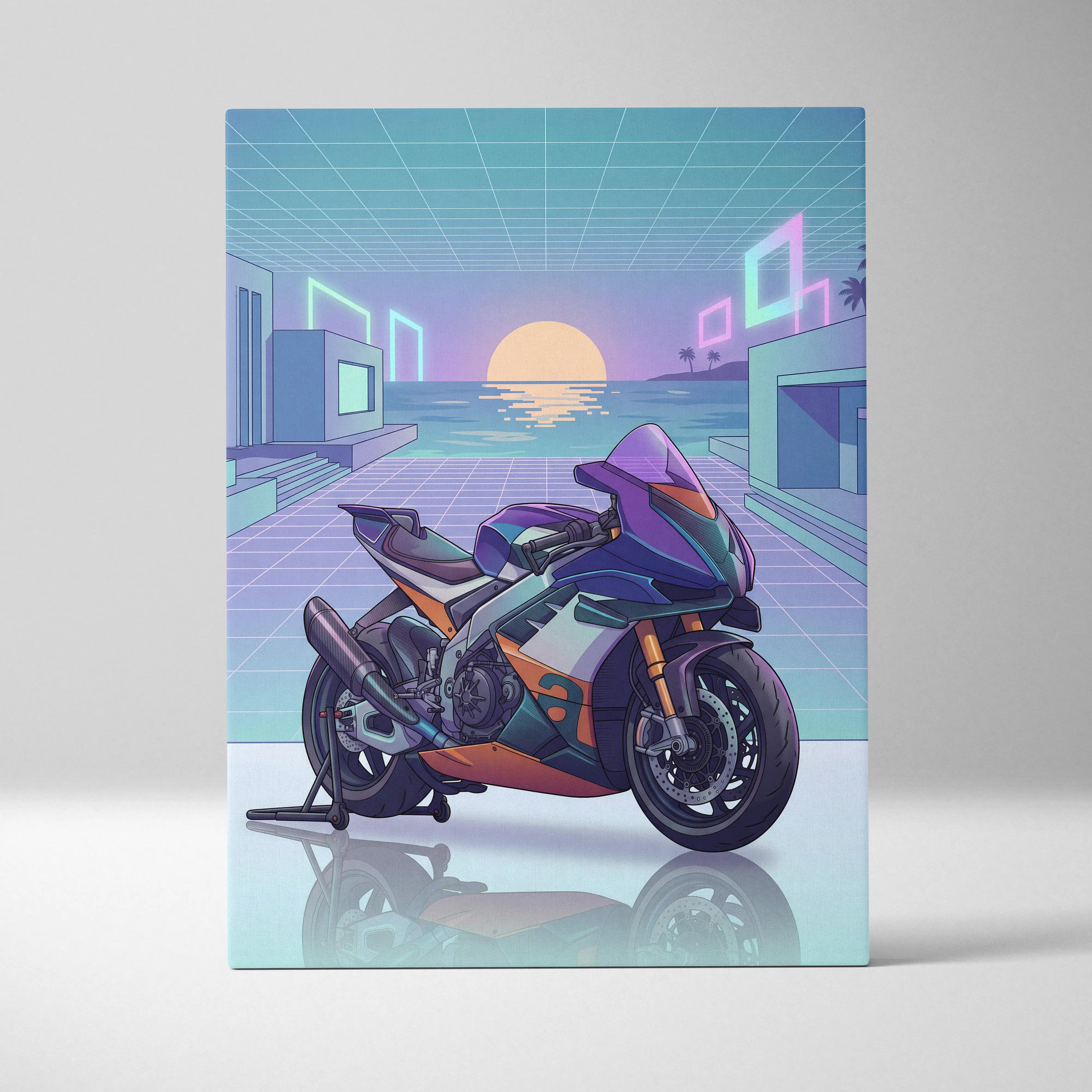 Aprilia RSV4 Xtrenta Inspired Teal Orange Motorcycle Canvas Wall Art Vaporwave Sunset Sportbike Garage Decor Retro Futuristic Racing Artwork