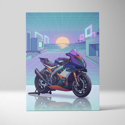 Aprilia RSV4 Xtrenta Inspired Teal Orange Motorcycle Canvas Wall Art Vaporwave Sunset Sportbike Garage Decor Retro Futuristic Racing Artwork