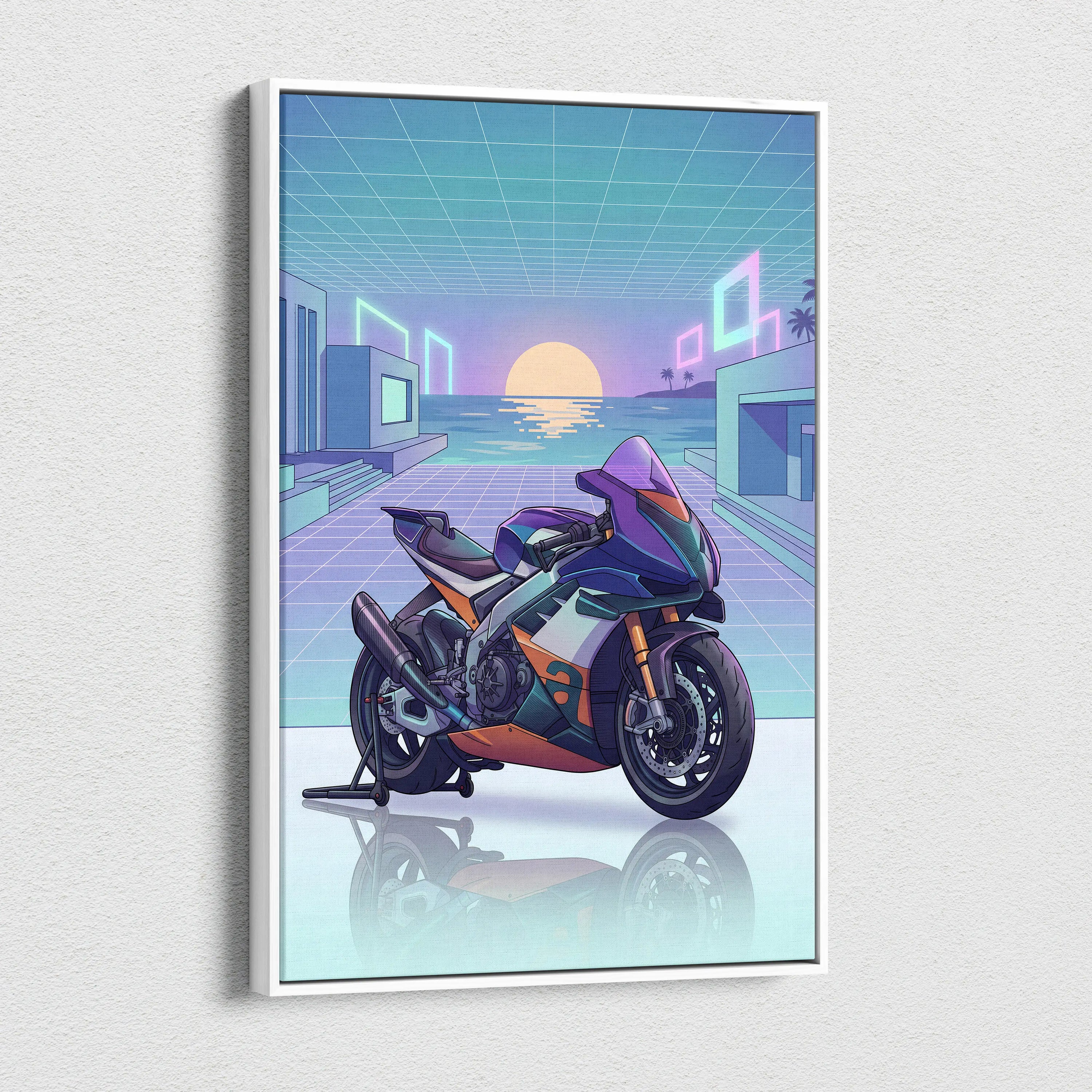 Aprilia RSV4 Xtrenta Inspired Teal Orange Motorcycle Canvas Wall Art Vaporwave Sunset Sportbike Garage Decor Retro Futuristic Racing Artwork