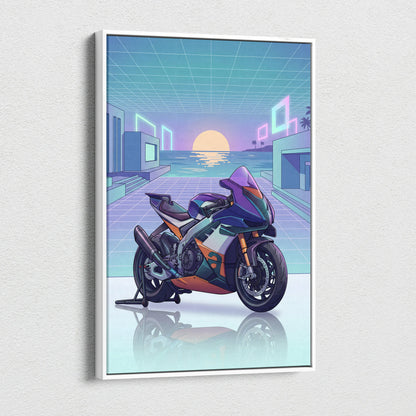 Aprilia RSV4 Xtrenta Inspired Teal Orange Motorcycle Canvas Wall Art Vaporwave Sunset Sportbike Garage Decor Retro Futuristic Racing Artwork