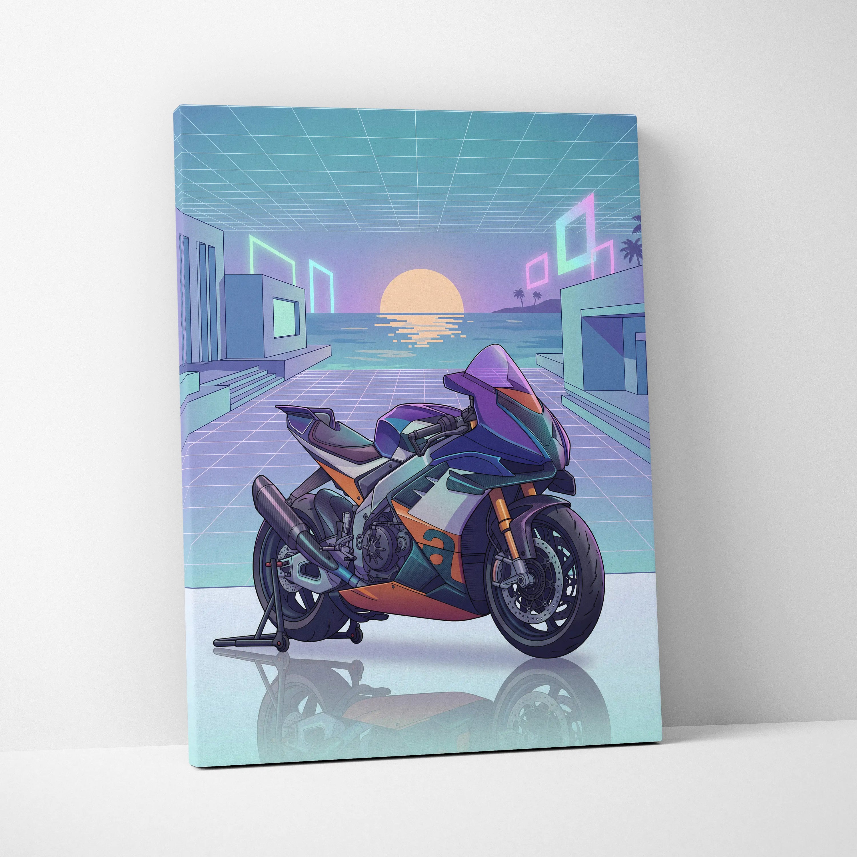 Aprilia RSV4 Xtrenta Inspired Teal Orange Motorcycle Canvas Wall Art Vaporwave Sunset Sportbike Garage Decor Retro Futuristic Racing Artwork