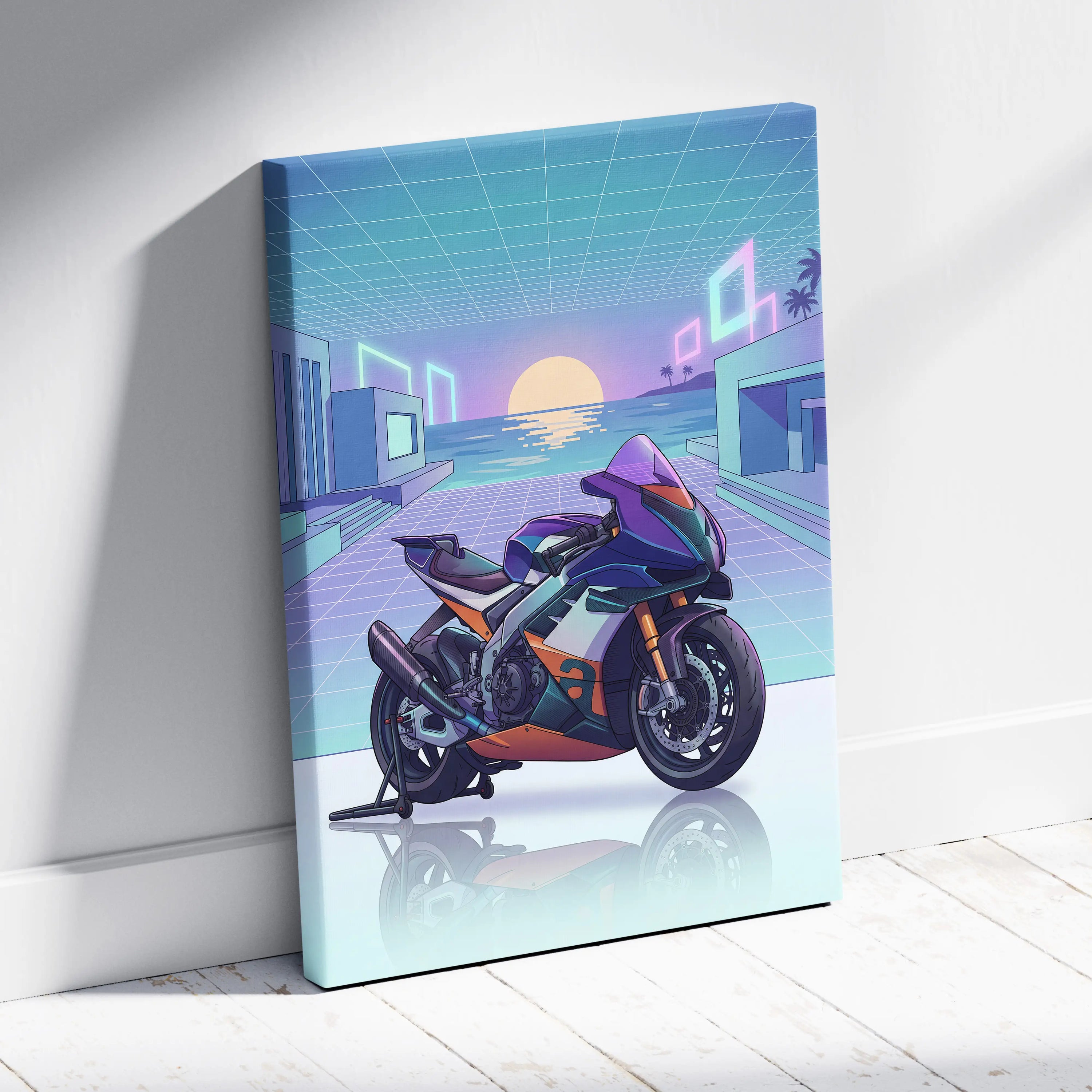 Aprilia RSV4 Xtrenta Inspired Teal Orange Motorcycle Canvas Wall Art Vaporwave Sunset Sportbike Garage Decor Retro Futuristic Racing Artwork