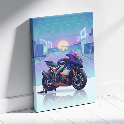 Aprilia RSV4 Xtrenta Inspired Teal Orange Motorcycle Canvas Wall Art Vaporwave Sunset Sportbike Garage Decor Retro Futuristic Racing Artwork