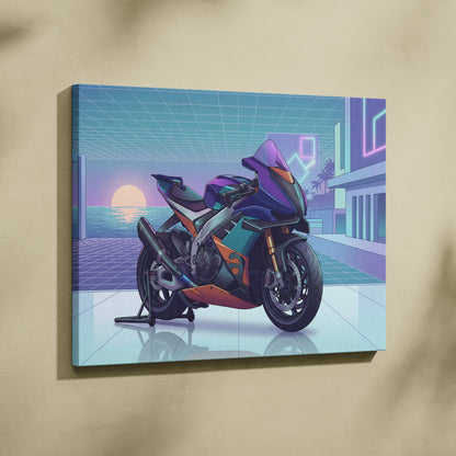 Aprilia RSV4 Xtrenta Inspired Teal Orange Motorcycle Canvas Wall Art Vaporwave Sunset Sportbike Garage Decor Retro Futuristic Racing Artwork