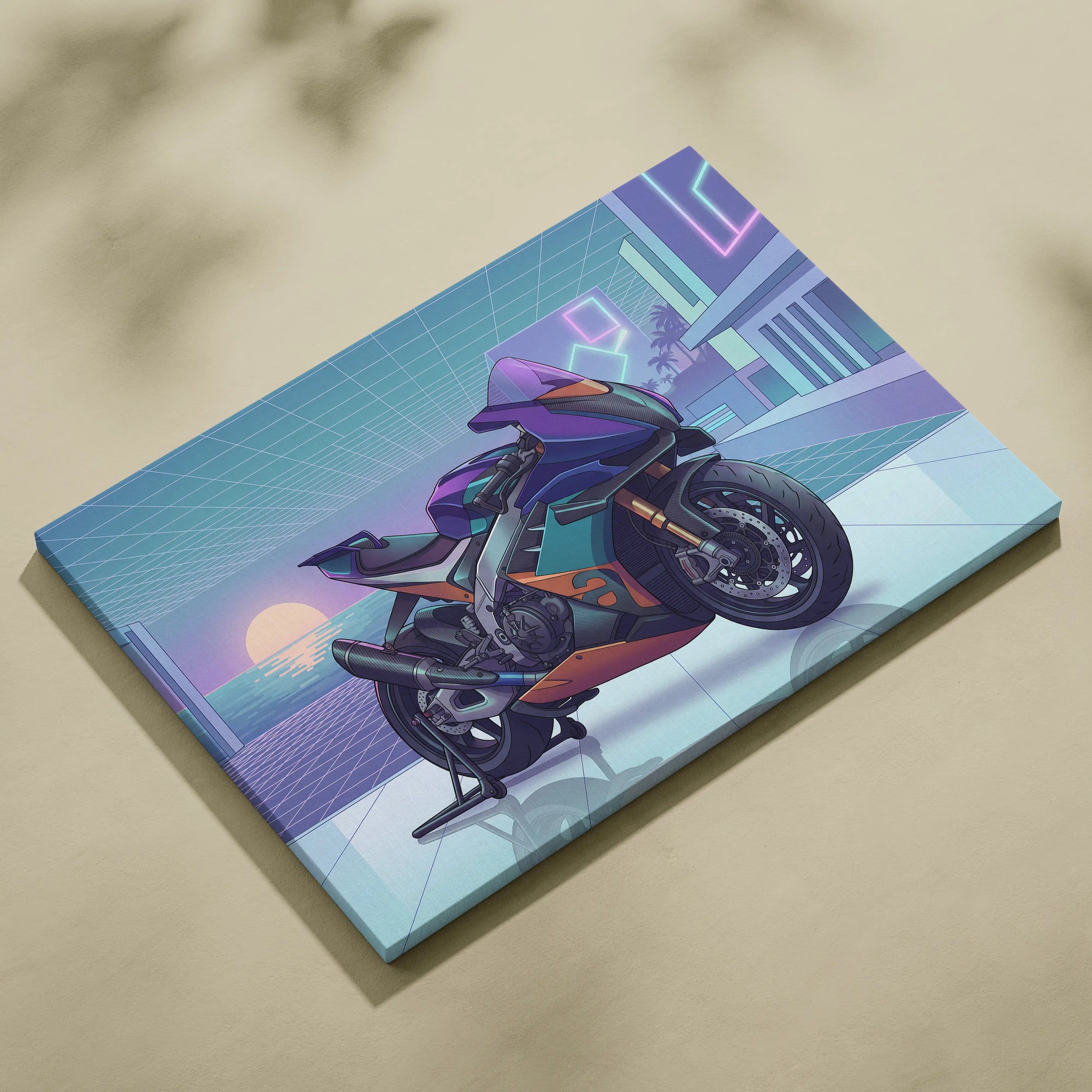 Aprilia RSV4 Xtrenta Inspired Teal Orange Motorcycle Canvas Wall Art Vaporwave Sunset Sportbike Garage Decor Retro Futuristic Racing Artwork