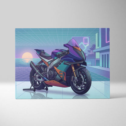 Aprilia RSV4 Xtrenta Inspired Teal Orange Motorcycle Canvas Wall Art Vaporwave Sunset Sportbike Garage Decor Retro Futuristic Racing Artwork