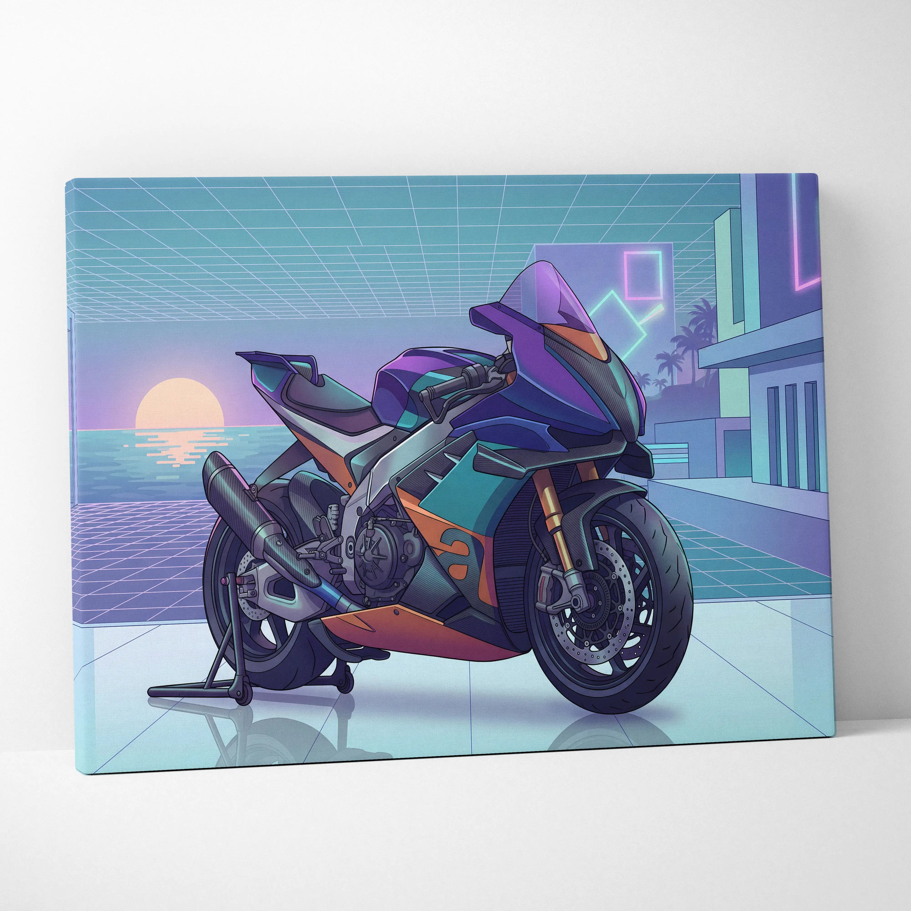 Aprilia RSV4 Xtrenta Inspired Teal Orange Motorcycle Canvas Wall Art Vaporwave Sunset Sportbike Garage Decor Retro Futuristic Racing Artwork