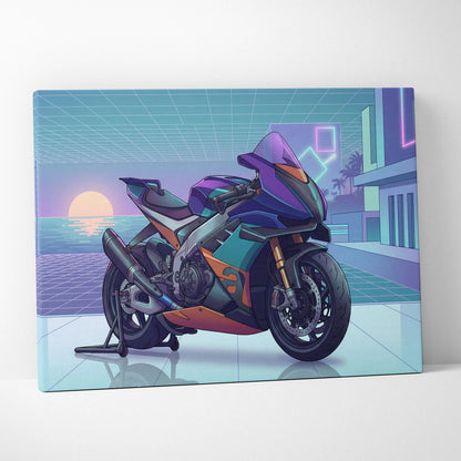 Aprilia RSV4 Xtrenta Inspired Teal Orange Motorcycle Canvas Wall Art Vaporwave Sunset Sportbike Garage Decor Retro Futuristic Racing Artwork