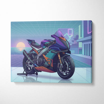 Aprilia RSV4 Xtrenta Inspired Teal Orange Motorcycle Canvas Wall Art Vaporwave Sunset Sportbike Garage Decor Retro Futuristic Racing Artwork