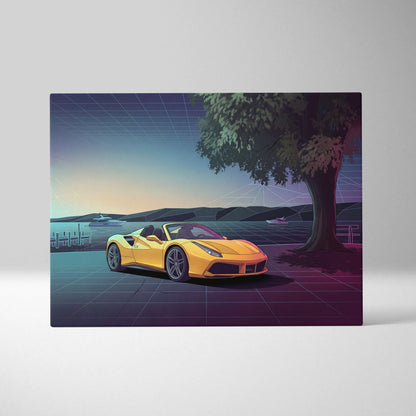 Ferrari 488 Spider Inspired Yellow Purple Canvas Wall Art, Vaporwave Convertible Supercar Artwork, Neon Lakefront Garage Decor, Retro Exotic Print