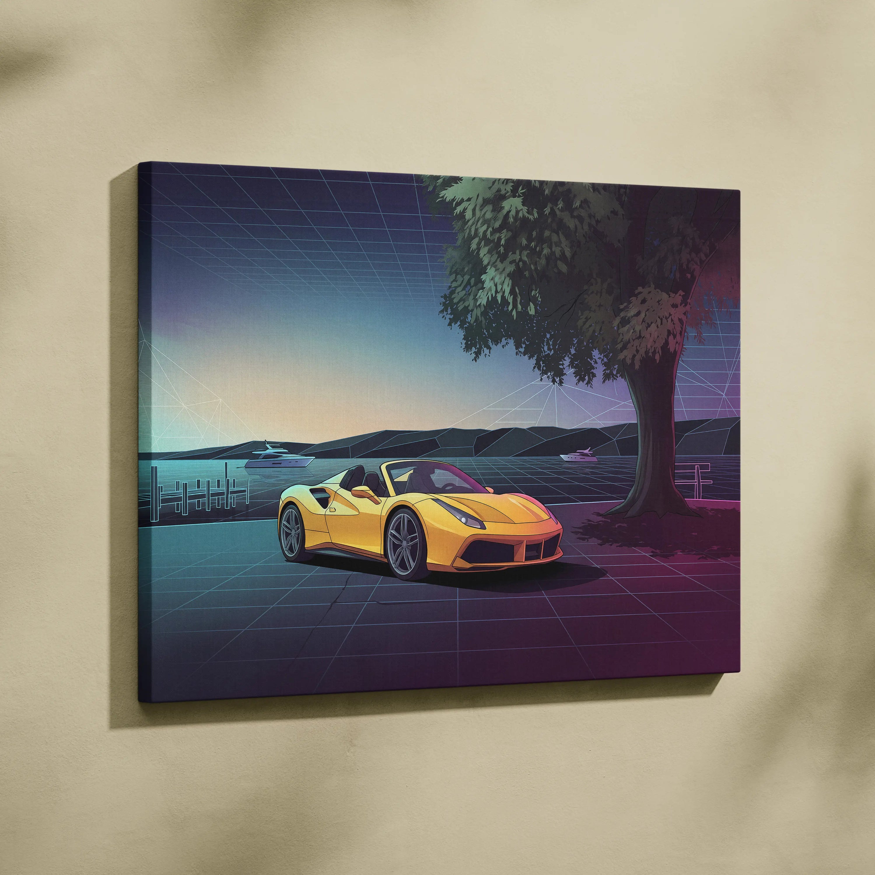 Ferrari 488 Spider Inspired Yellow Purple Canvas Wall Art, Vaporwave Convertible Supercar Artwork, Neon Lakefront Garage Decor, Retro Exotic Print