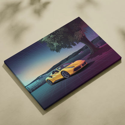 Ferrari 488 Spider Inspired Yellow Purple Canvas Wall Art, Vaporwave Convertible Supercar Artwork, Neon Lakefront Garage Decor, Retro Exotic Print