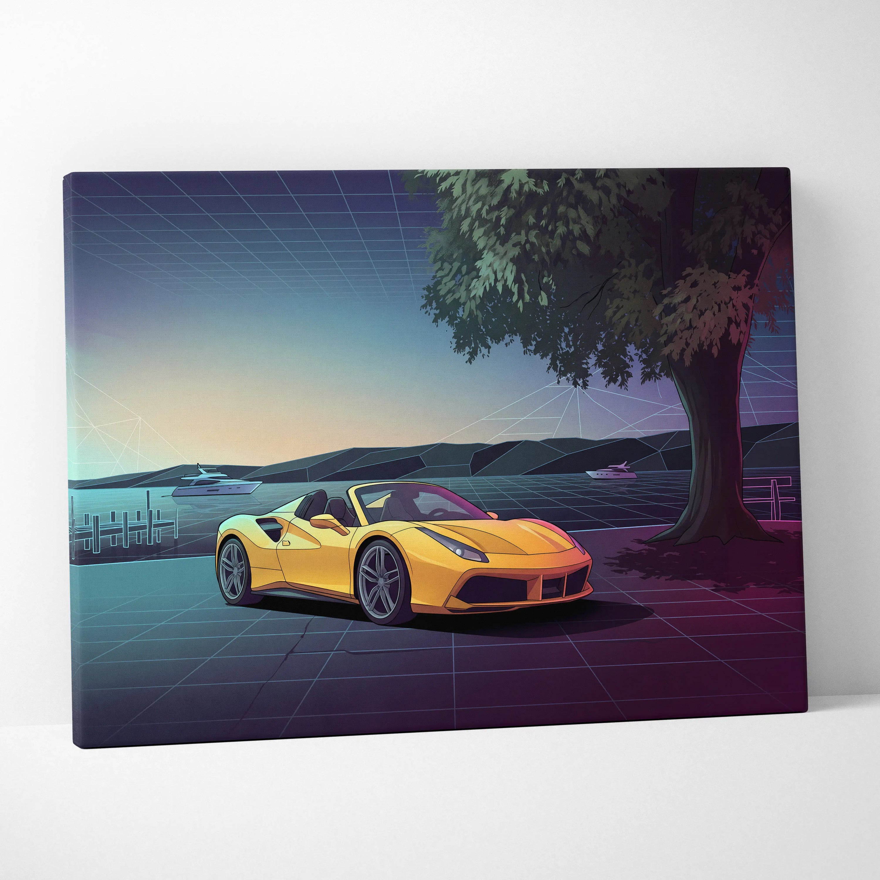 Ferrari 488 Spider Inspired Yellow Purple Canvas Wall Art, Vaporwave Convertible Supercar Artwork, Neon Lakefront Garage Decor, Retro Exotic Print