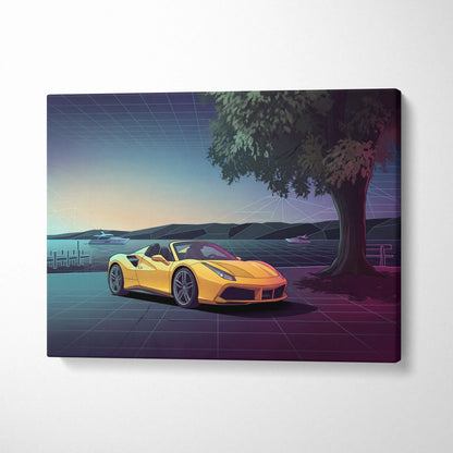 Ferrari 488 Spider Inspired Yellow Purple Canvas Wall Art, Vaporwave Convertible Supercar Artwork, Neon Lakefront Garage Decor, Retro Exotic Print