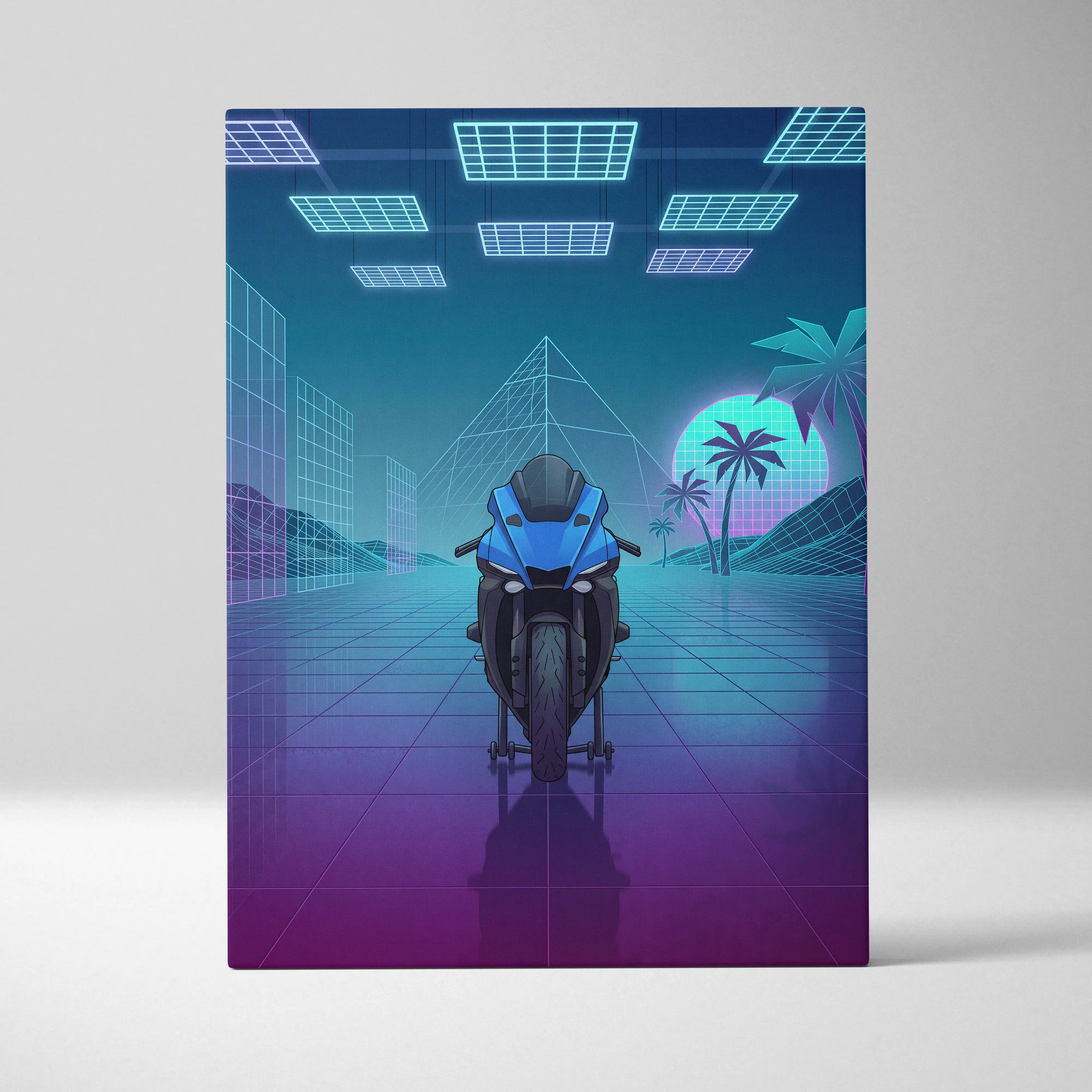Yamaha YZF-R1 Inspired Blue Purple Motorcycle Canvas Wall Art Vaporwave Neon Sportbike Garage Decor Retro Futuristic Racing Artwork