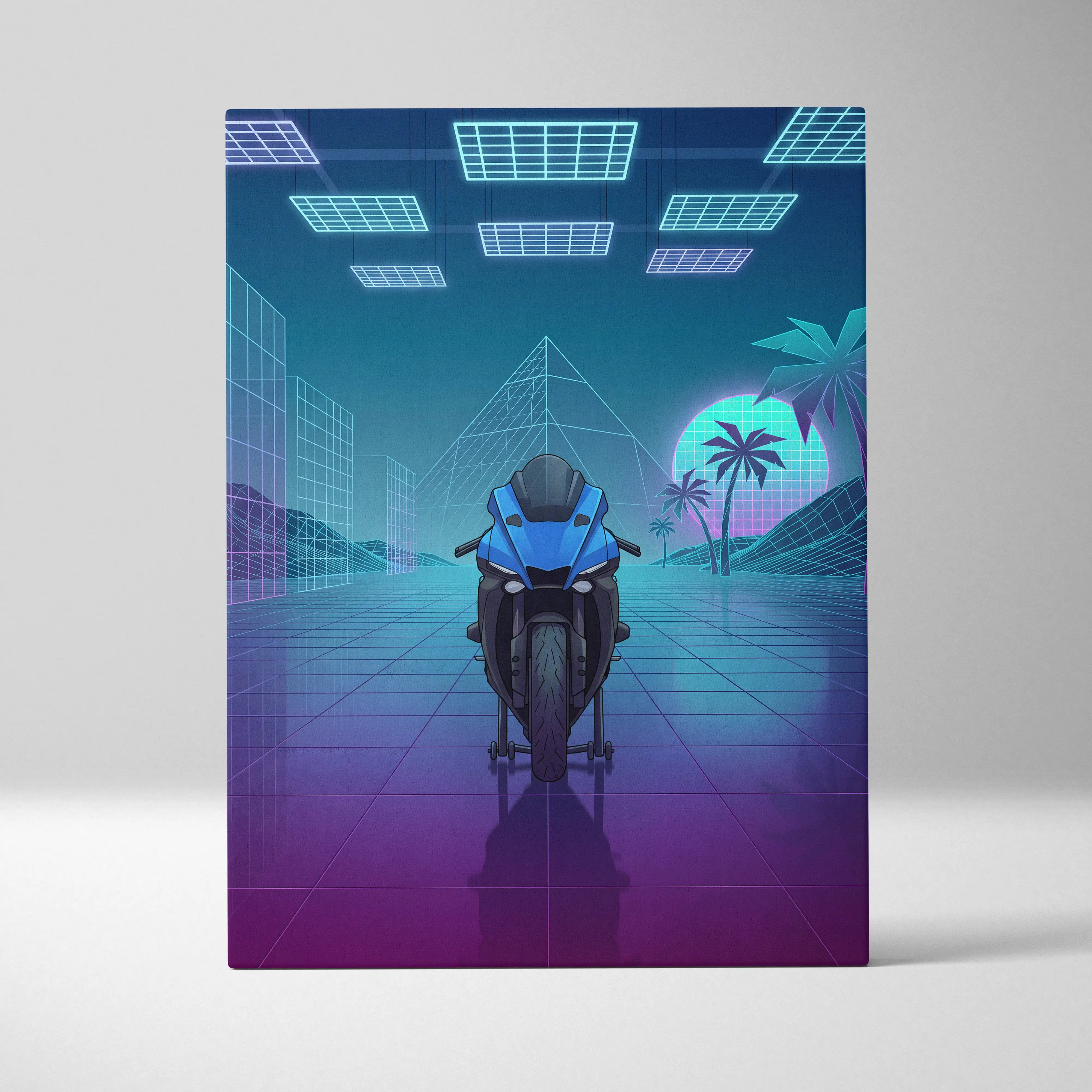Yamaha YZF-R1 Inspired Blue Purple Motorcycle Canvas Wall Art Vaporwave Neon Sportbike Garage Decor Retro Futuristic Racing Artwork