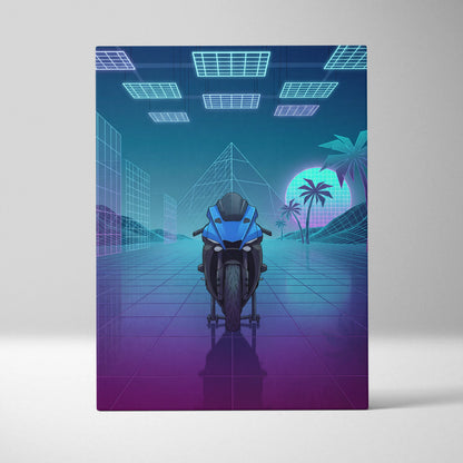 Yamaha YZF-R1 Inspired Blue Purple Motorcycle Canvas Wall Art Vaporwave Neon Sportbike Garage Decor Retro Futuristic Racing Artwork