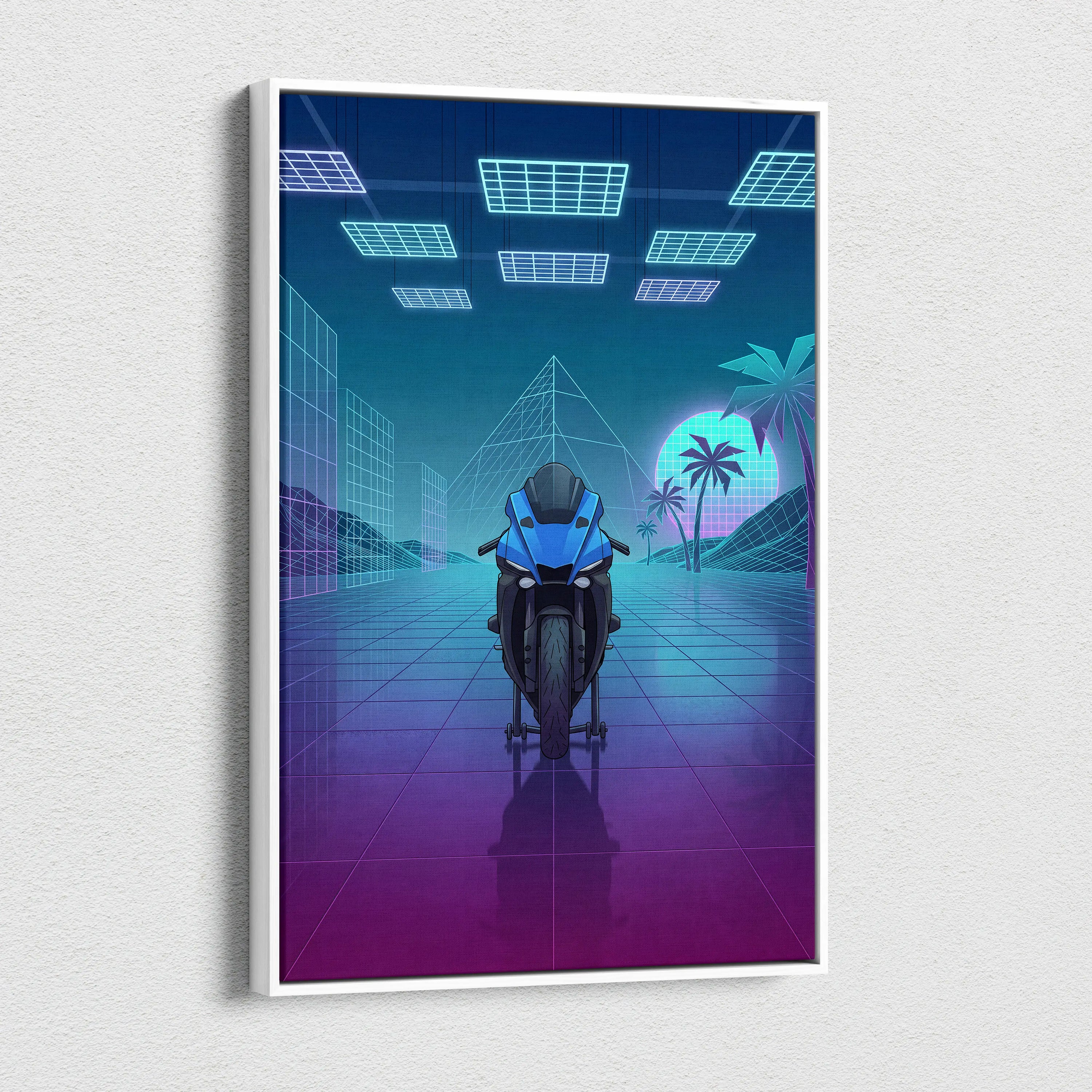 Yamaha YZF-R1 Inspired Blue Purple Motorcycle Canvas Wall Art Vaporwave Neon Sportbike Garage Decor Retro Futuristic Racing Artwork