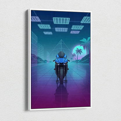 Yamaha YZF-R1 Inspired Blue Purple Motorcycle Canvas Wall Art Vaporwave Neon Sportbike Garage Decor Retro Futuristic Racing Artwork