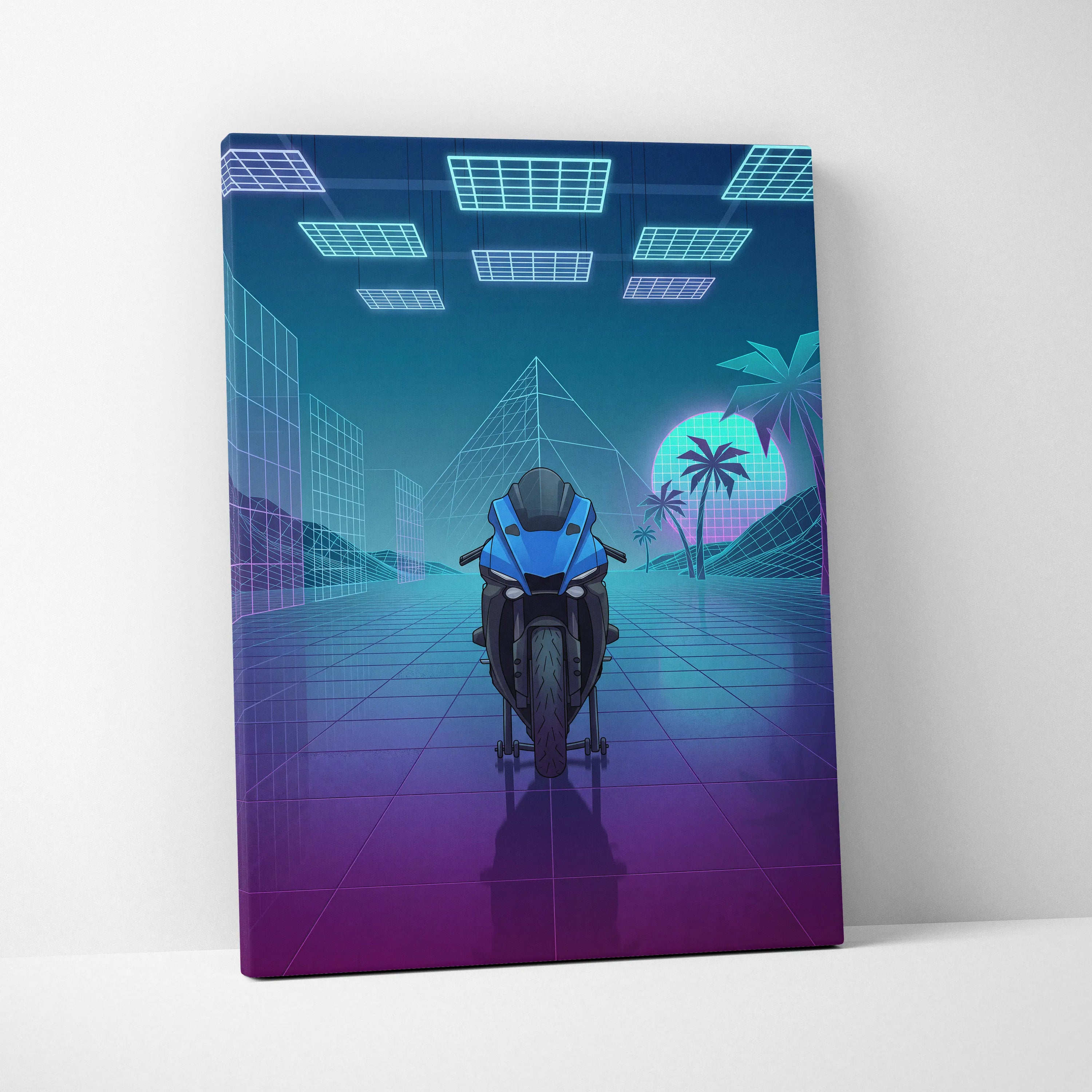 Yamaha YZF-R1 Inspired Blue Purple Motorcycle Canvas Wall Art Vaporwave Neon Sportbike Garage Decor Retro Futuristic Racing Artwork