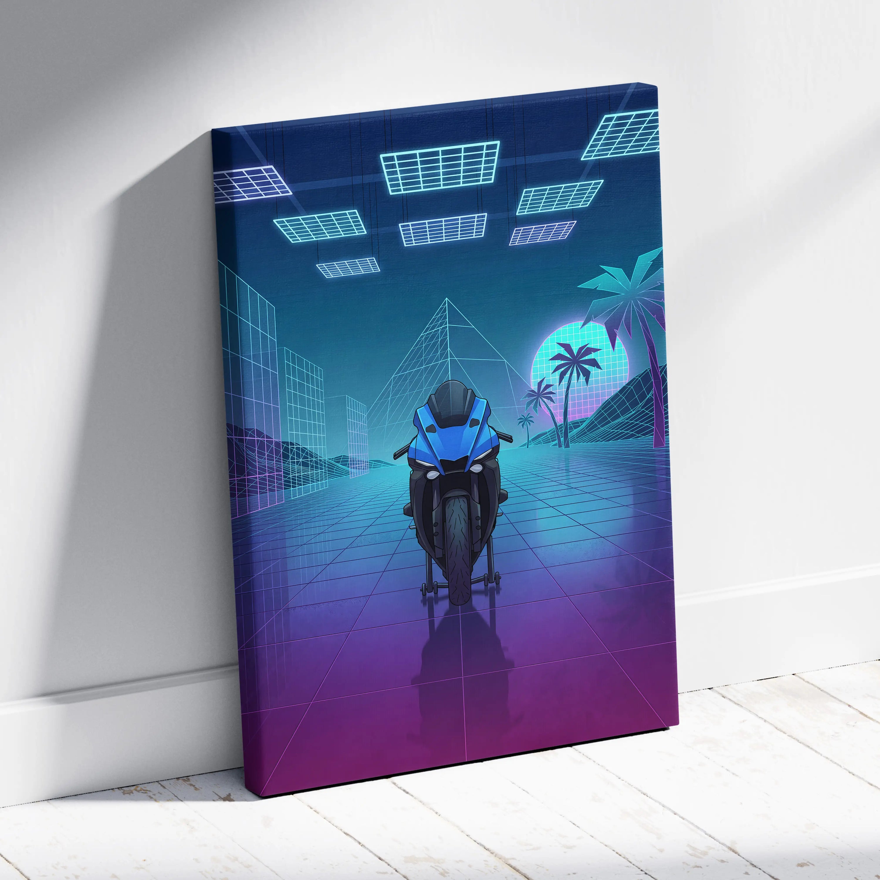 Yamaha YZF-R1 Inspired Blue Purple Motorcycle Canvas Wall Art Vaporwave Neon Sportbike Garage Decor Retro Futuristic Racing Artwork
