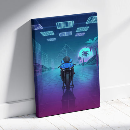 Yamaha YZF-R1 Inspired Blue Purple Motorcycle Canvas Wall Art Vaporwave Neon Sportbike Garage Decor Retro Futuristic Racing Artwork