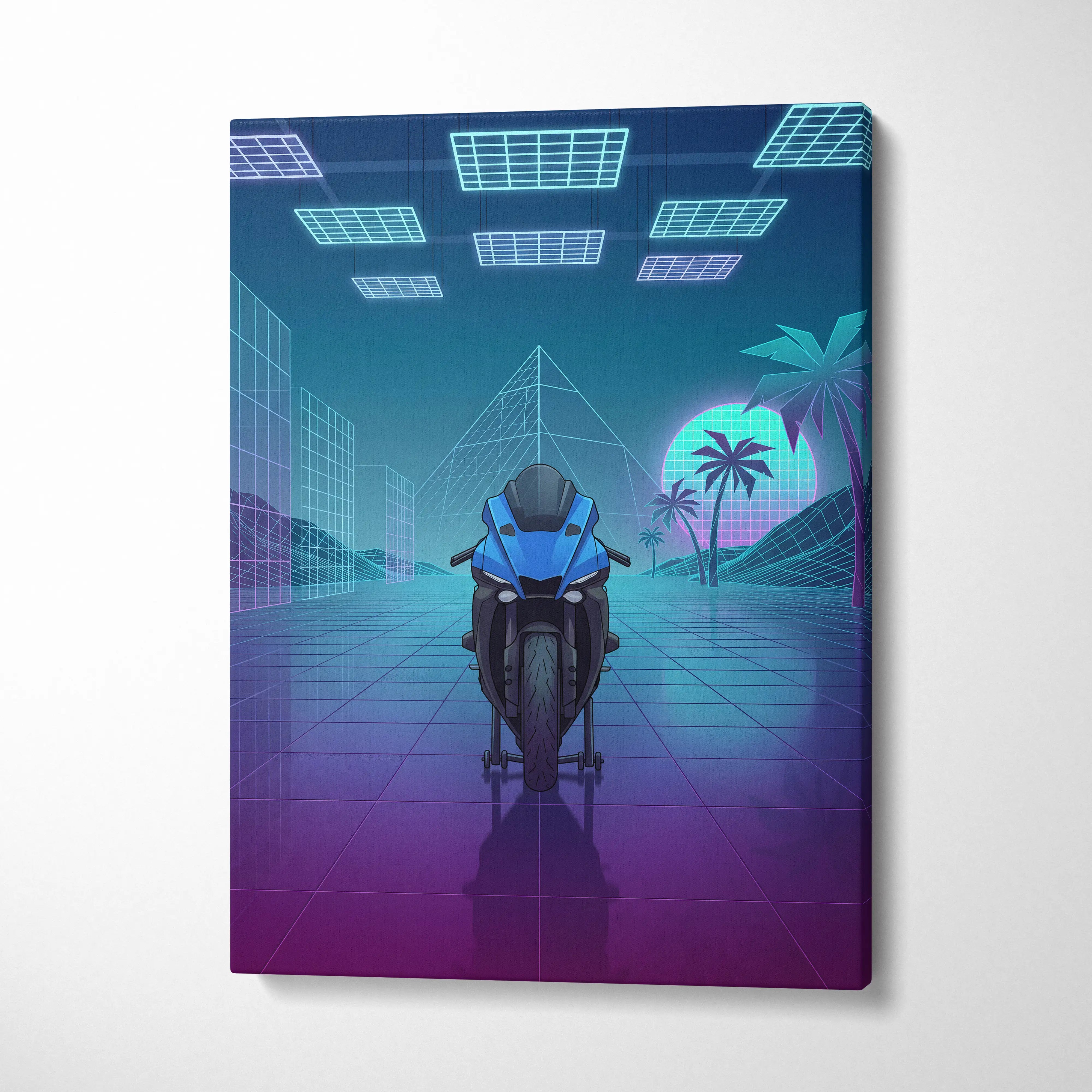 Yamaha YZF-R1 Inspired Blue Purple Motorcycle Canvas Wall Art Vaporwave Neon Sportbike Garage Decor Retro Futuristic Racing Artwork