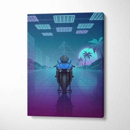 Yamaha YZF-R1 Inspired Blue Purple Motorcycle Canvas Wall Art Vaporwave Neon Sportbike Garage Decor Retro Futuristic Racing Artwork