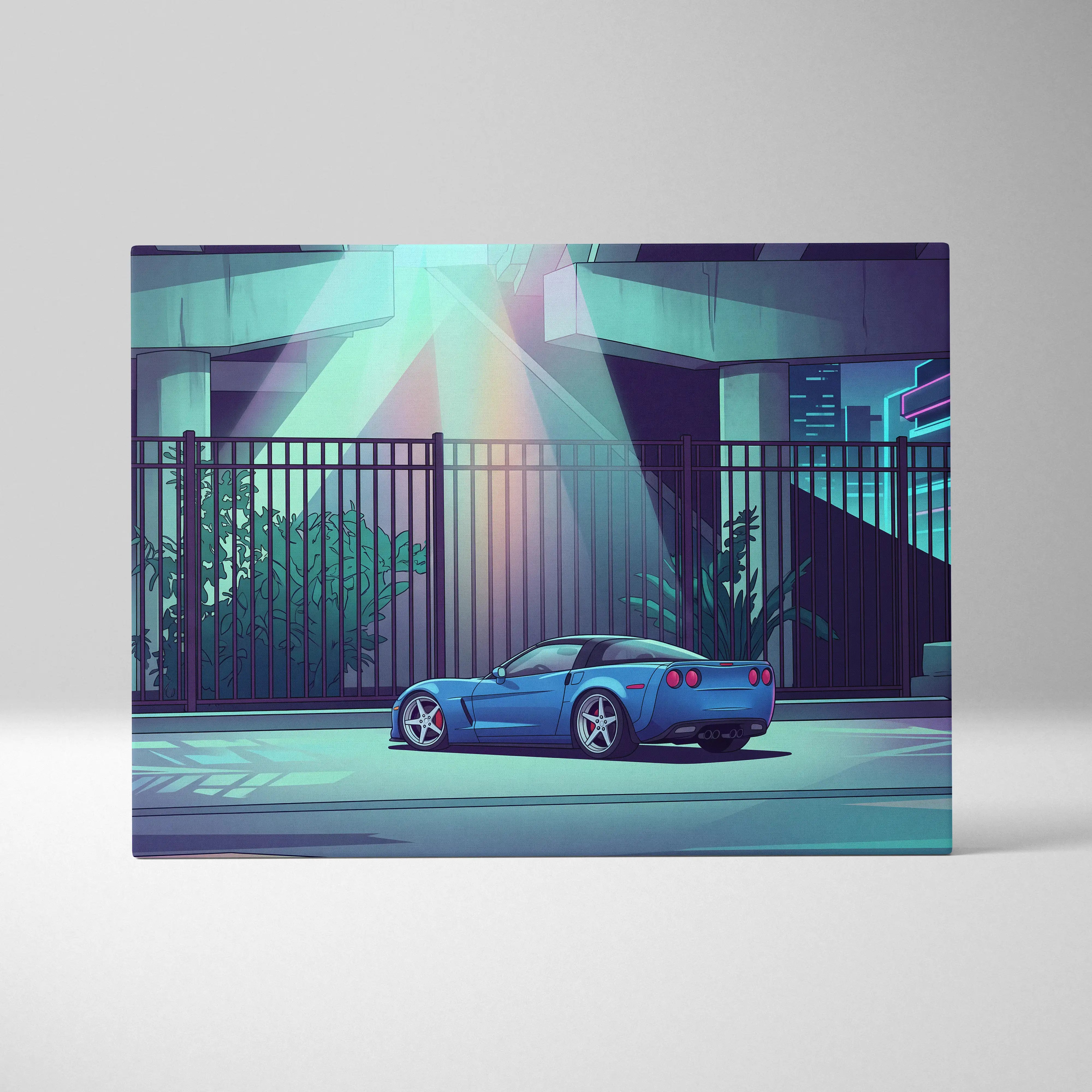 Chevrolet Corvette inspired blue purple canvas wall art featuring a vibrant blue sports car with neon red wheels
