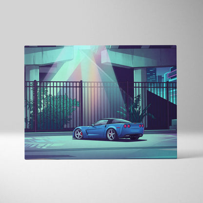 Chevrolet Corvette Inspired Blue Purple Canvas Wall Art, Vaporwave Sports Car Artwork, Neon Underpass Garage Decor, Retro Futuristic Print