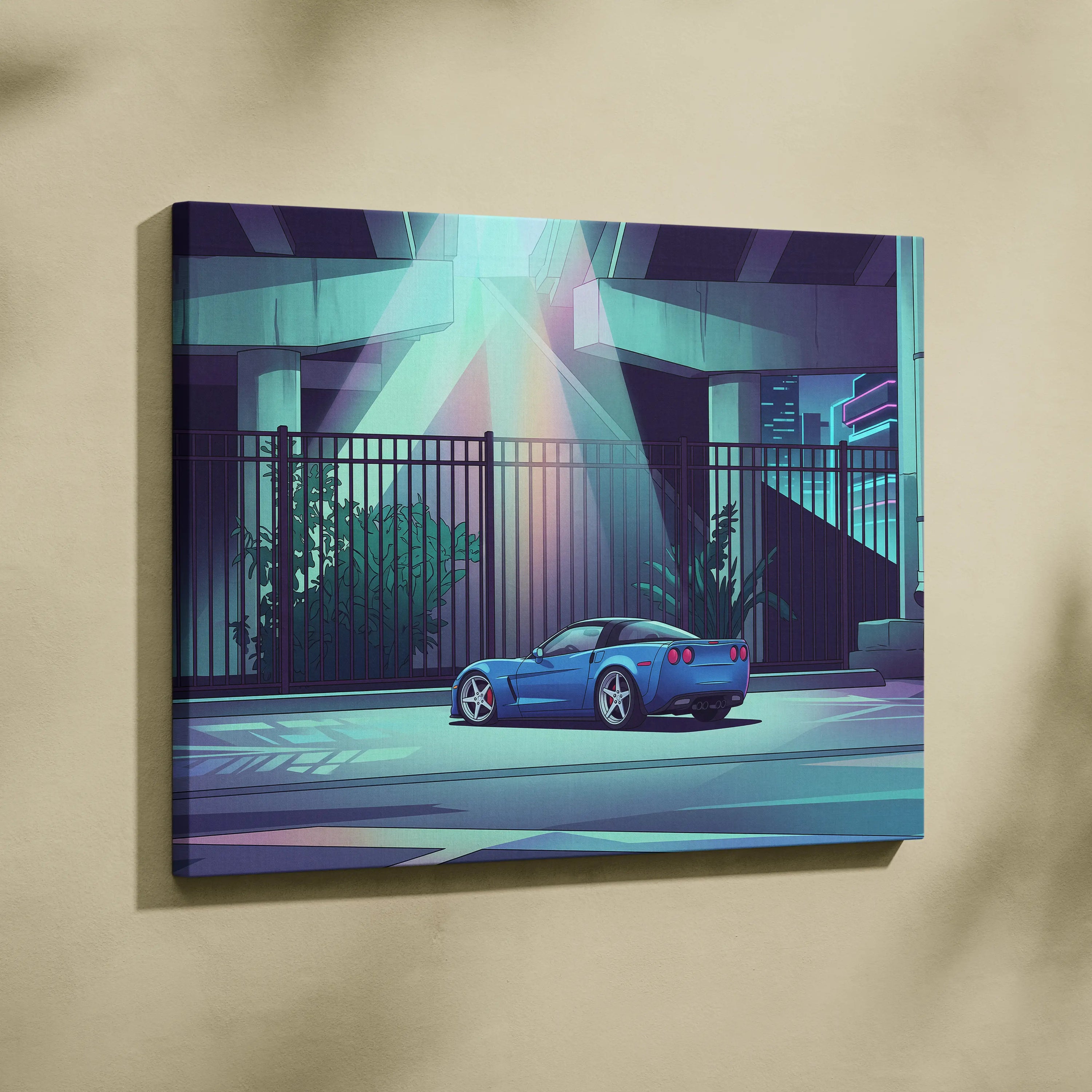Chevrolet Corvette Inspired Blue Purple Canvas Wall Art, Vaporwave Sports Car Artwork, Neon Underpass Garage Decor, Retro Futuristic Print