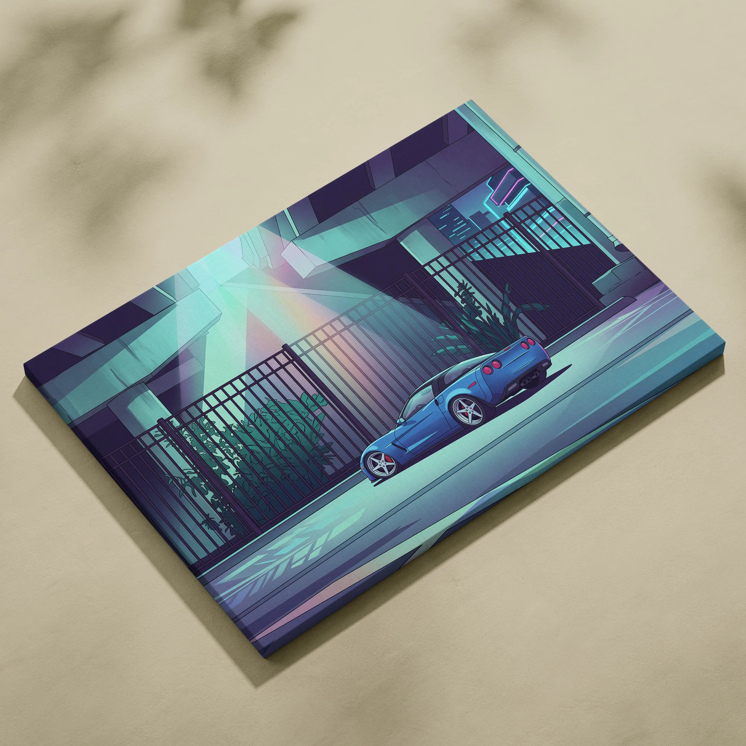 Chevrolet Corvette Inspired Blue Purple Canvas Wall Art, Vaporwave Sports Car Artwork, Neon Underpass Garage Decor, Retro Futuristic Print