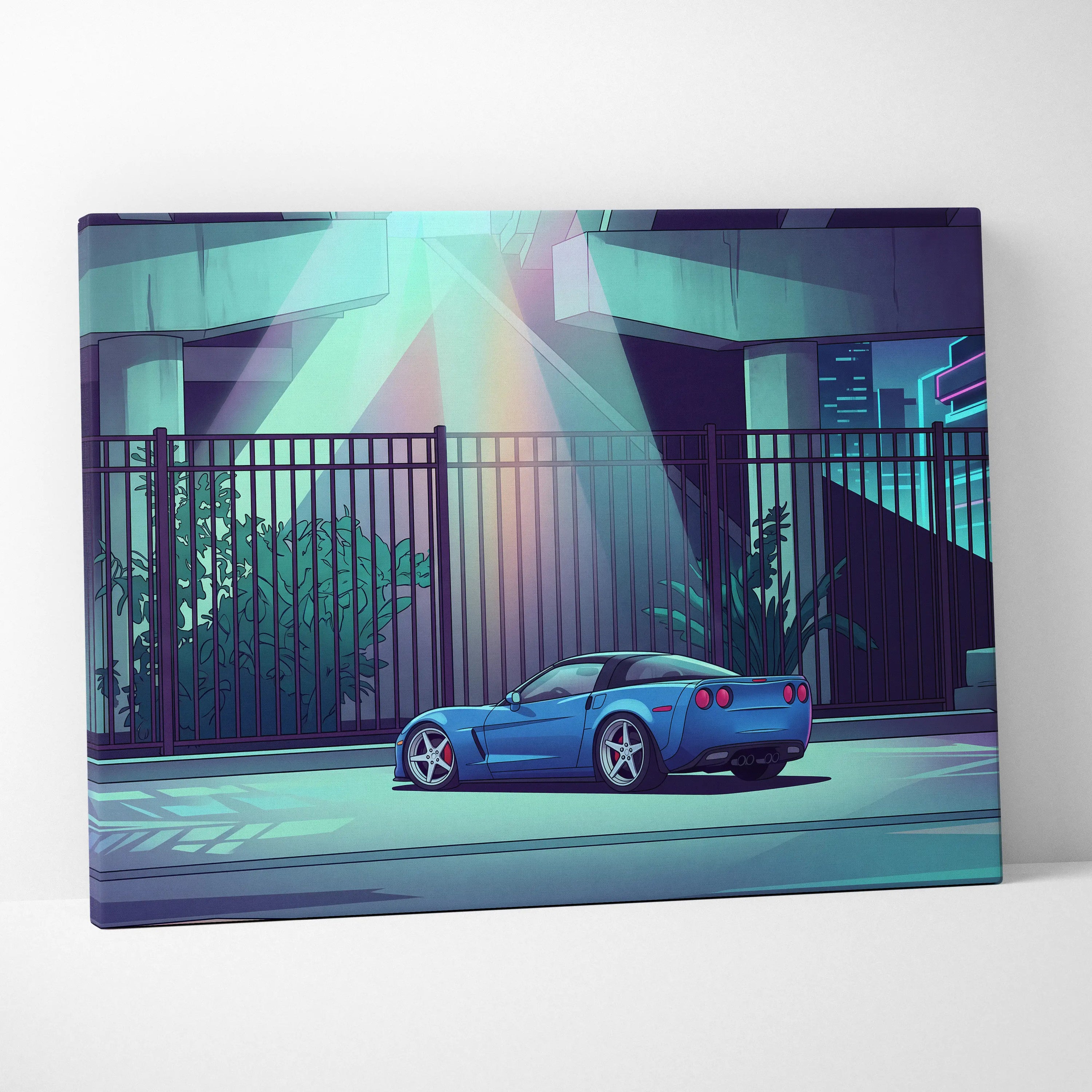 Chevrolet Corvette Inspired Blue Purple Canvas Wall Art, Vaporwave Sports Car Artwork, Neon Underpass Garage Decor, Retro Futuristic Print