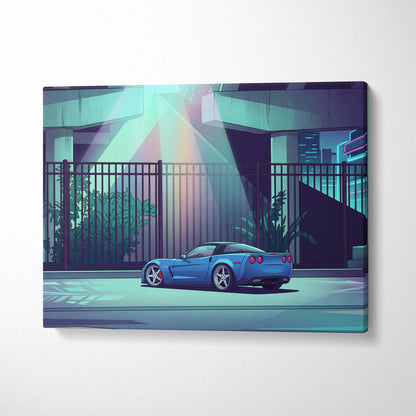 Chevrolet Corvette Inspired Blue Purple Canvas Wall Art, Vaporwave Sports Car Artwork, Neon Underpass Garage Decor, Retro Futuristic Print