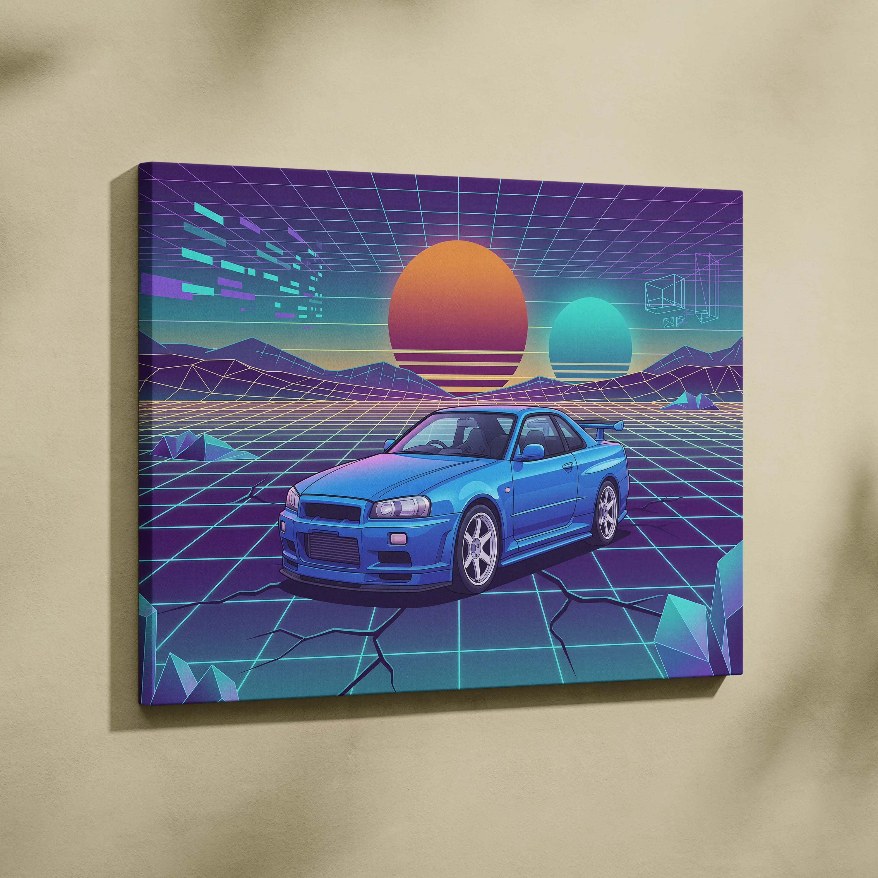 Nissan Skyline GT-R R34 Inspired Blue Purple Canvas Wall Art Vaporwave Neon Grid JDM Car Artwork, Retro Sunset Garage Decor