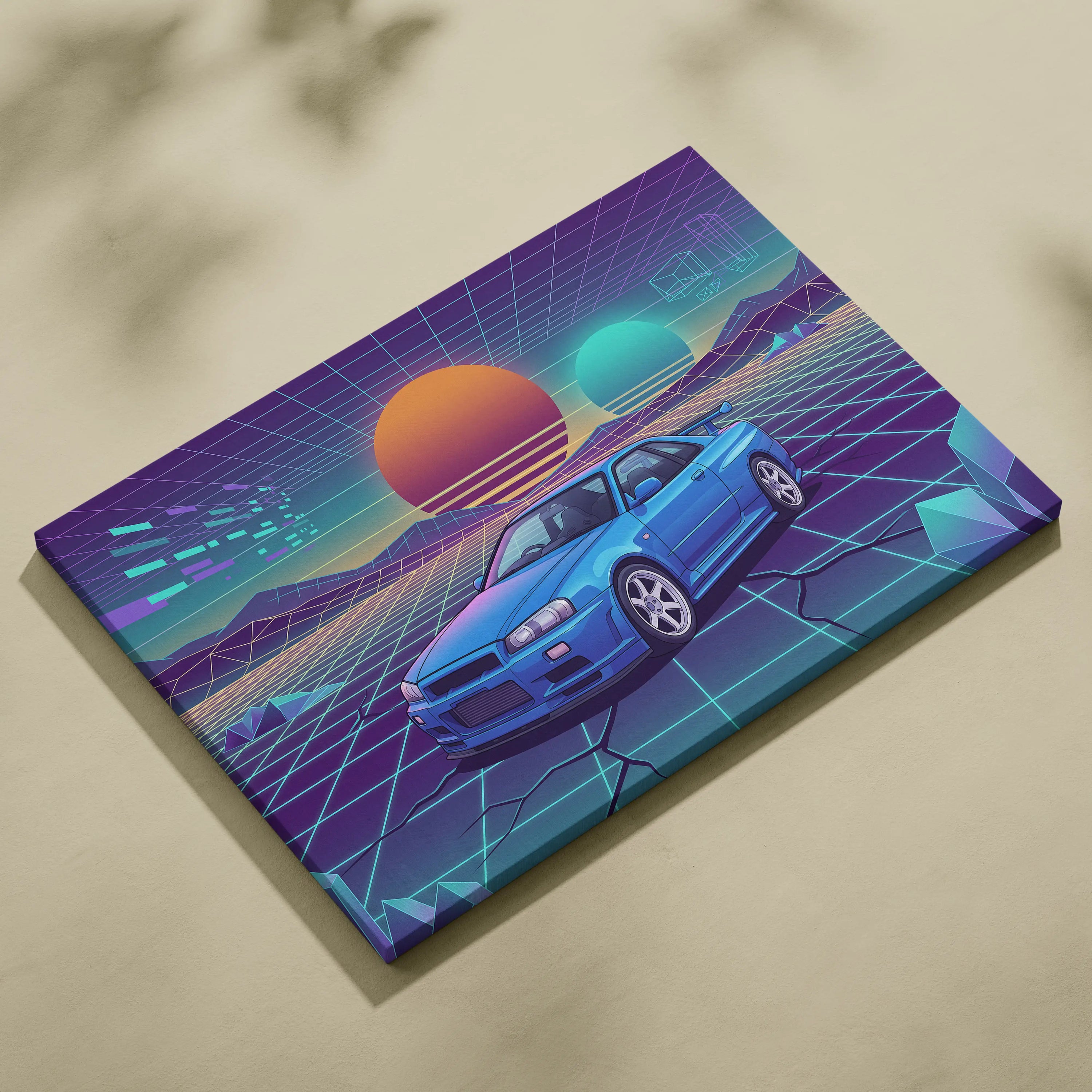 Nissan Skyline GT-R R34 Inspired Blue Purple Canvas Wall Art Vaporwave Neon Grid JDM Car Artwork, Retro Sunset Garage Decor