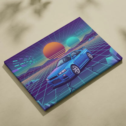 Nissan Skyline GT-R R34 Inspired Blue Purple Canvas Wall Art Vaporwave Neon Grid JDM Car Artwork, Retro Sunset Garage Decor