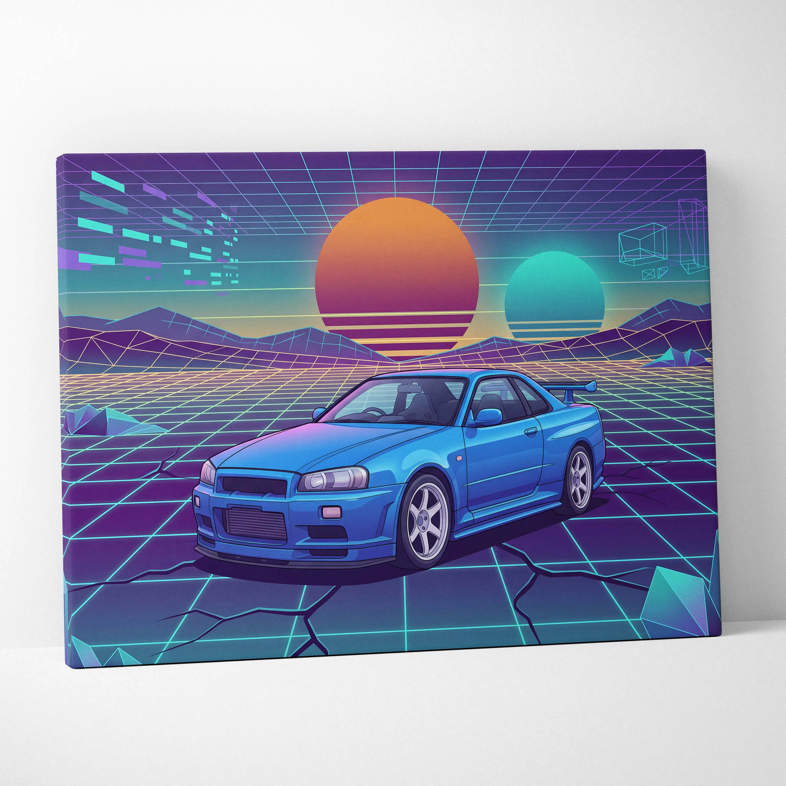 Nissan Skyline GT-R R34 Inspired Blue Purple Canvas Wall Art Vaporwave Neon Grid JDM Car Artwork, Retro Sunset Garage Decor