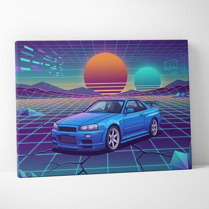 Nissan Skyline GT-R R34 Inspired Blue Purple Canvas Wall Art Vaporwave Neon Grid JDM Car Artwork, Retro Sunset Garage Decor